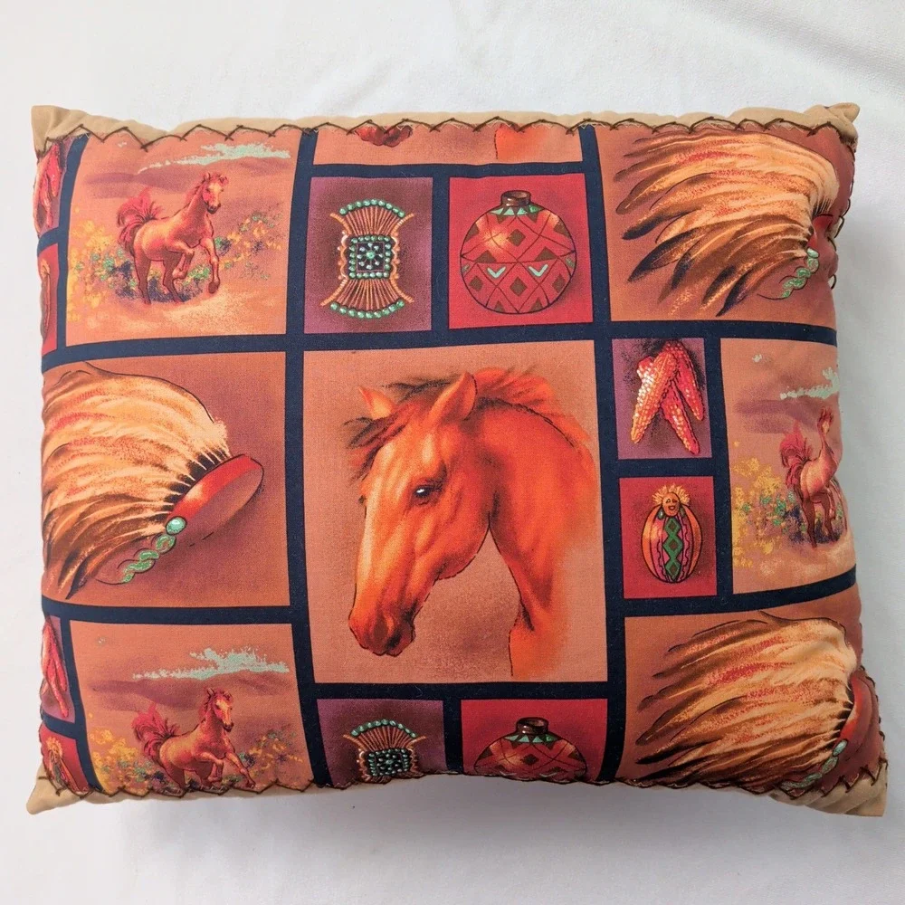 Handmade Western Horse Print Throw Pillow Southwestern Rustic Lodge Decor Tan